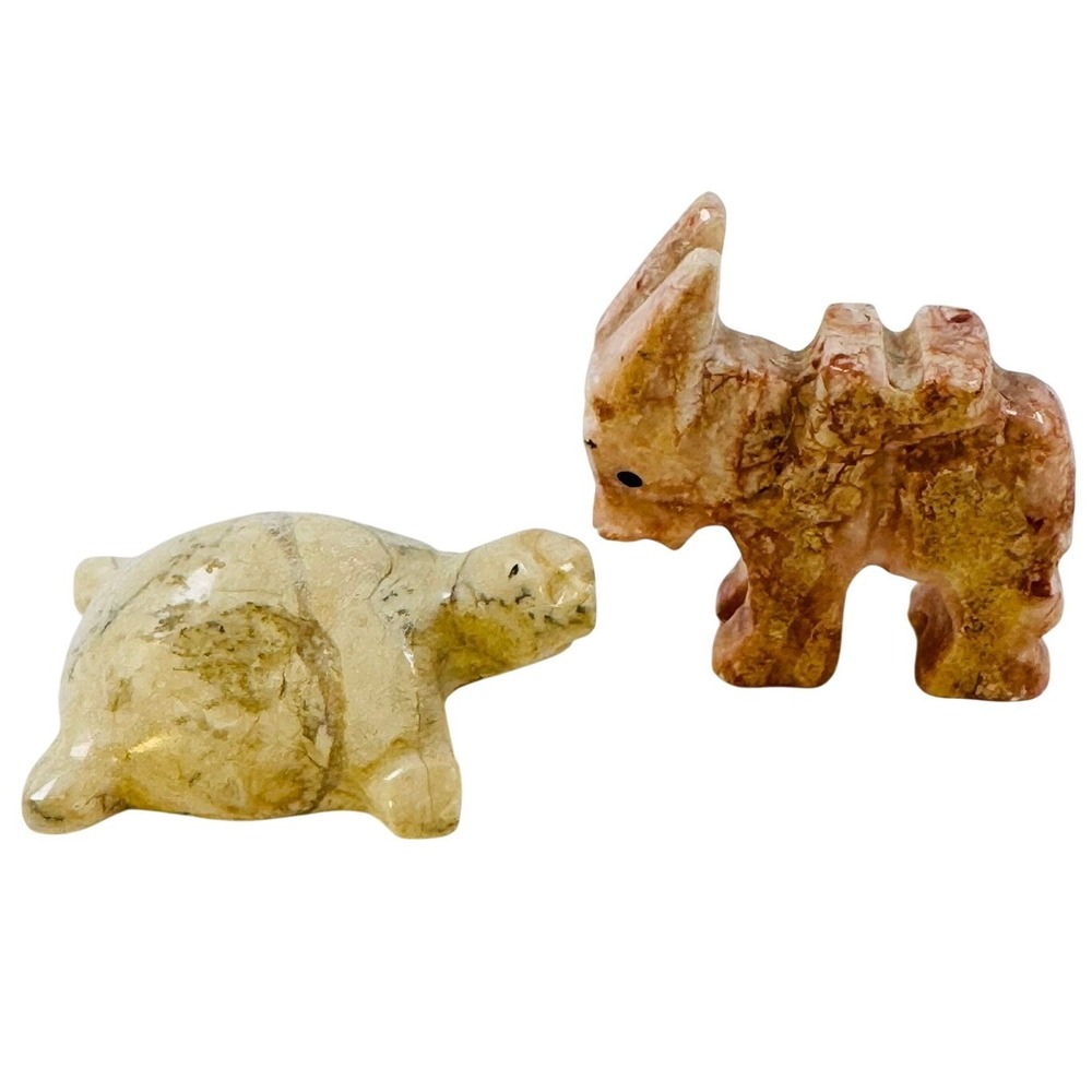 Vintage Mini Hand Carved Donkey Turtle Natural Stone Figurines Marble Onyx BOHO